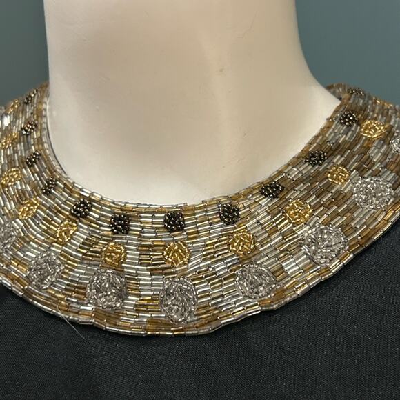 Vintage 1980s Black Beaded Collar Dress – Long Sleeve Drop Waist / Medium - - Picture 5 of 5